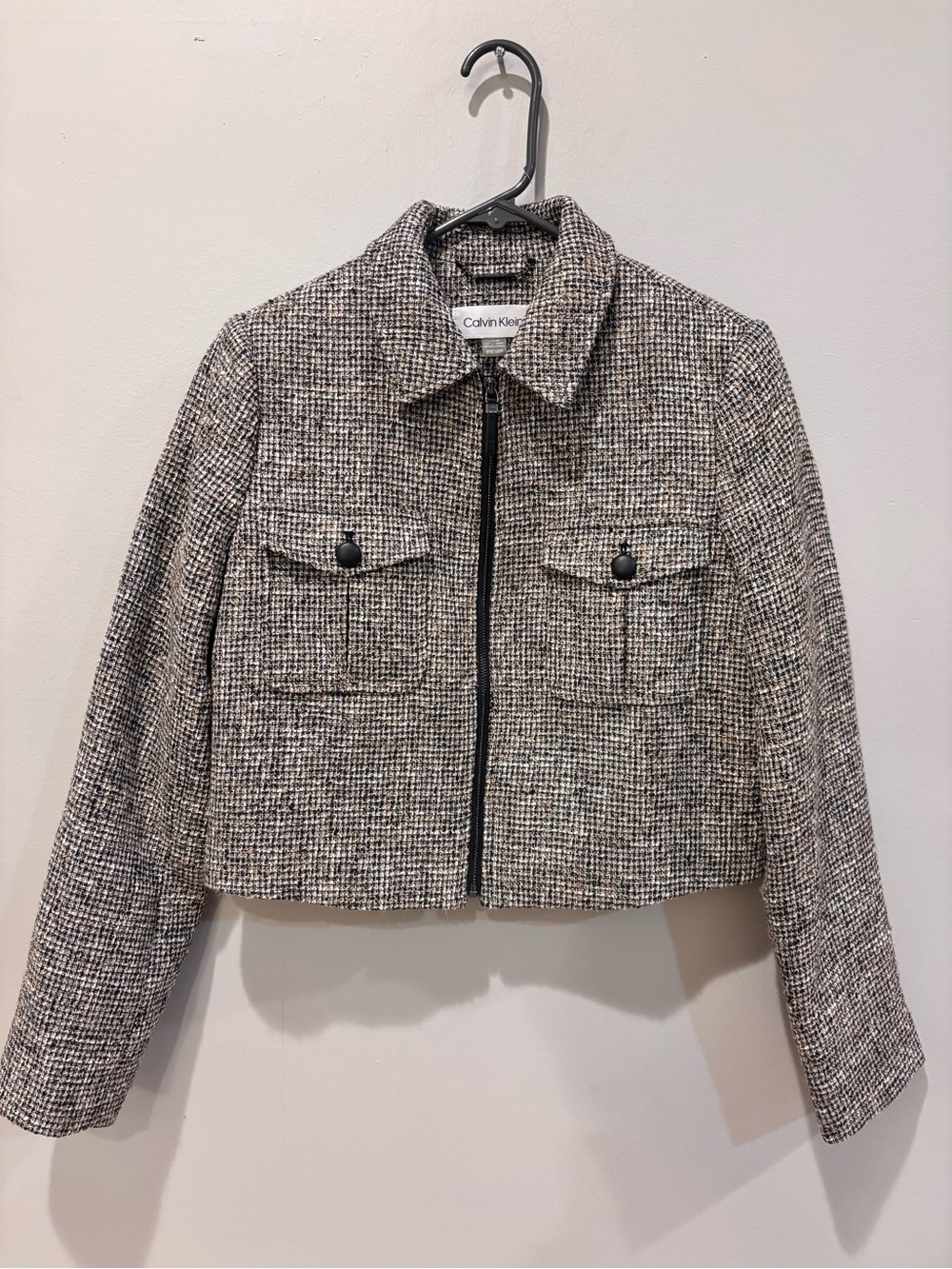 Calvin Klein Black and White Tweed Zip Cropped Jacket
